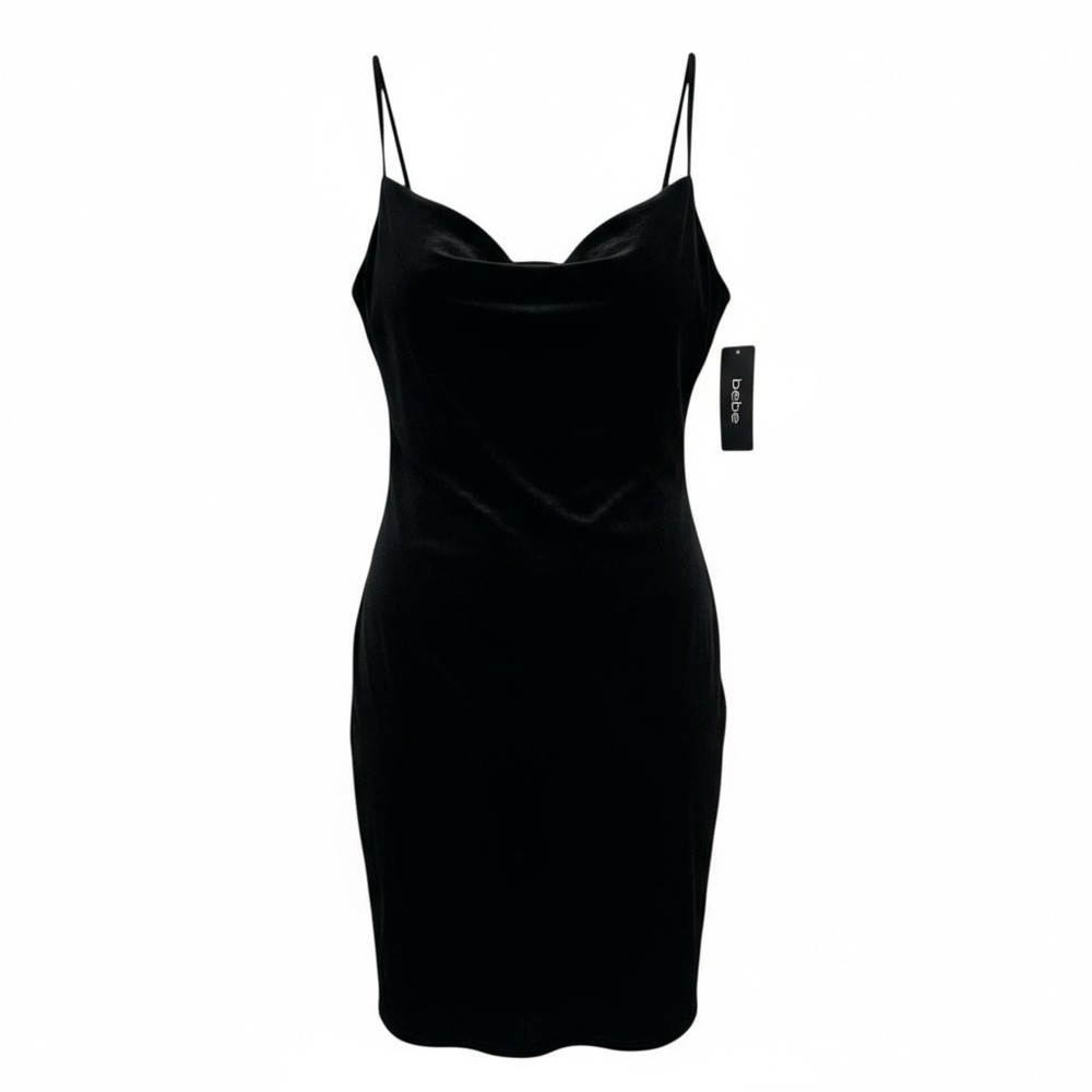 Bebe Y2K Whimsigoth Black Velvet Cowl Neck Slip Dress Spaghetti Strap Sz‎ XL New